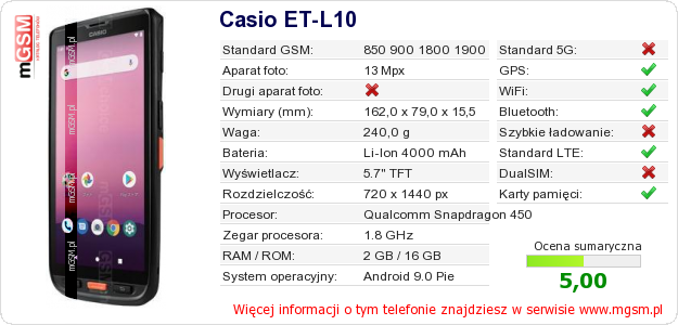 Dane telefonu Casio ET-L10