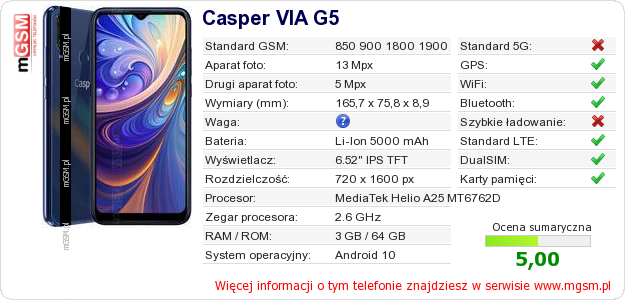 Dane telefonu Casper VIA G5 Dane telefonu Casper VIA G5