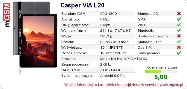 Dane telefonu Casper VIA L20