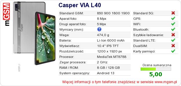 Dane telefonu Casper VIA L40 Dane telefonu Casper VIA L40