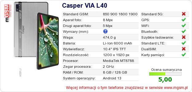 Dane telefonu Casper VIA L40