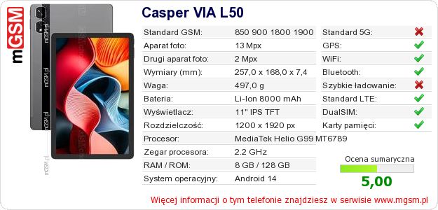 Dane telefonu Casper VIA L50 Dane telefonu Casper VIA L50