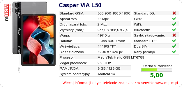 Dane telefonu Casper VIA L50 Dane telefonu Casper VIA L50