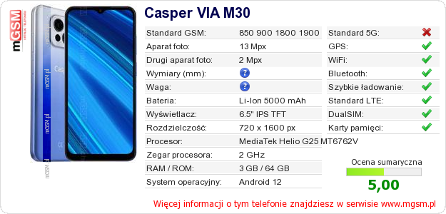 Dane telefonu Casper VIA M30