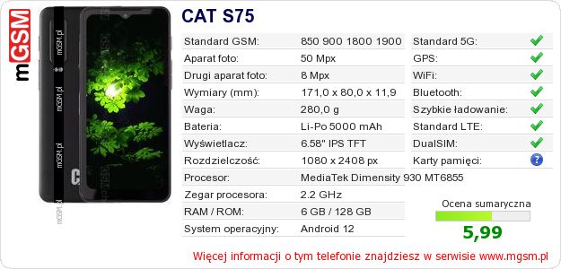 Dane telefonu CAT S75 Dane telefonu CAT S75