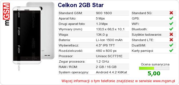 Dane telefonu Celkon 2GB Star Dane telefonu Celkon 2GB Star