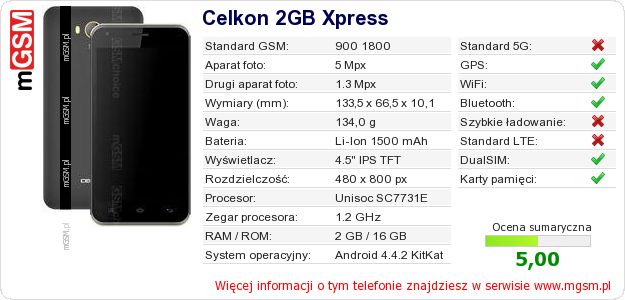 Dane telefonu Celkon 2GB Xpress Dane telefonu Celkon 2GB Xpress