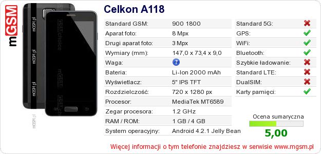 Dane telefonu Celkon A118 Dane telefonu Celkon A118