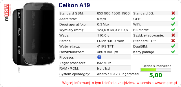 Dane telefonu Celkon A19 Dane telefonu Celkon A19