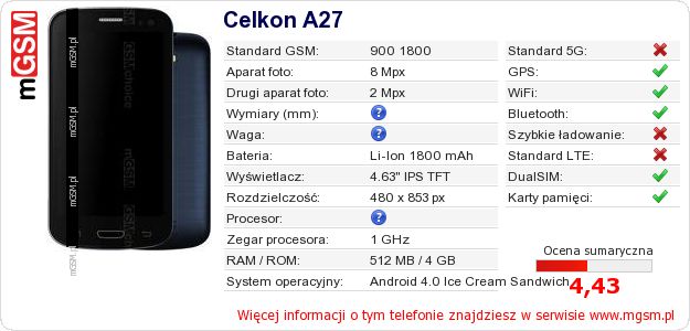 Dane telefonu Celkon A27