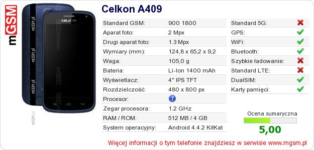 Dane telefonu Celkon A409