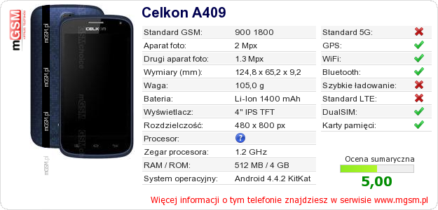 Dane telefonu Celkon A409