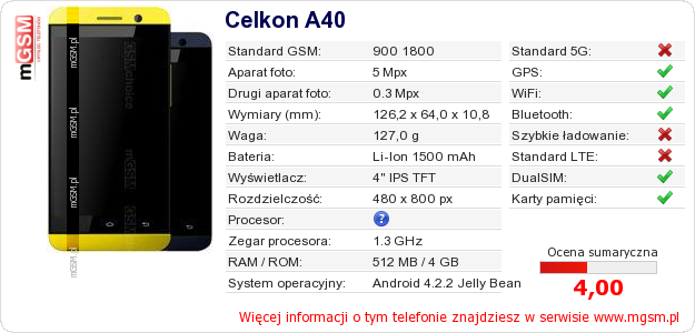 Dane telefonu Celkon A40 Dane telefonu Celkon A40