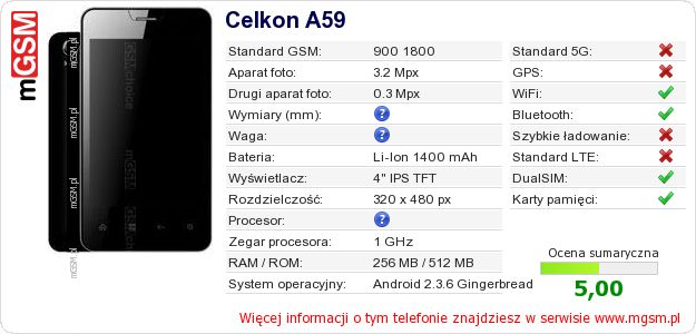 Dane telefonu Celkon A59 Dane telefonu Celkon A59