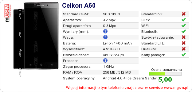 Dane telefonu Celkon A60 Dane telefonu Celkon A60