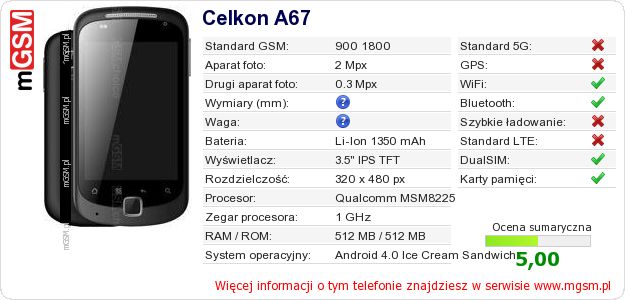 Dane telefonu Celkon A67 Dane telefonu Celkon A67