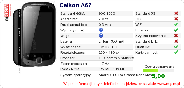 Dane telefonu Celkon A67 Dane telefonu Celkon A67
