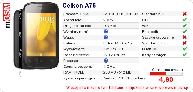 Dane telefonu Celkon A75