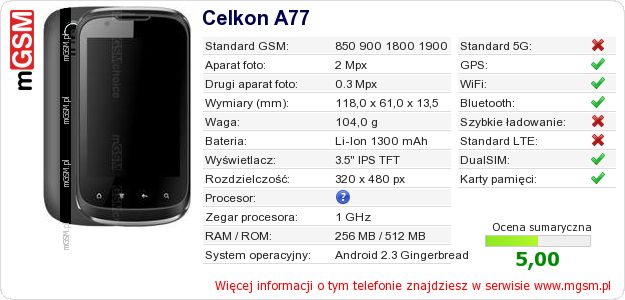 Dane telefonu Celkon A77 Dane telefonu Celkon A77