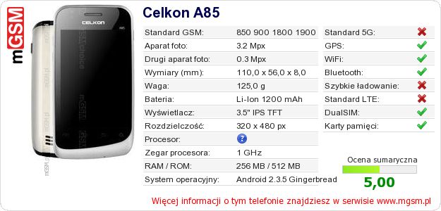 Dane telefonu Celkon A85