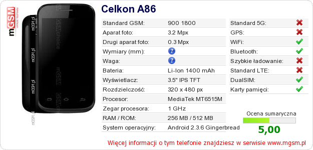 Dane telefonu Celkon A86 Dane telefonu Celkon A86