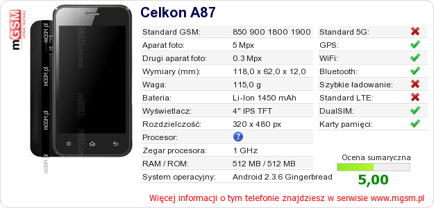Dane telefonu Celkon A87 Dane telefonu Celkon A87