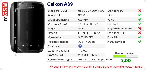 Dane telefonu Celkon A89