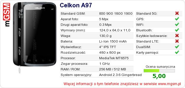Dane telefonu Celkon A97