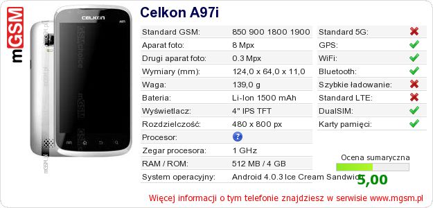 Dane telefonu Celkon A97i Dane telefonu Celkon A97i