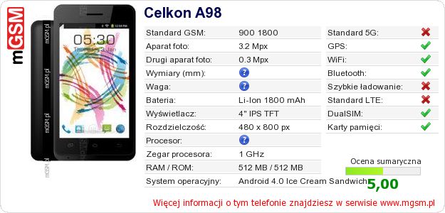 Dane telefonu Celkon A98 Dane telefonu Celkon A98
