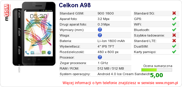 Dane telefonu Celkon A98