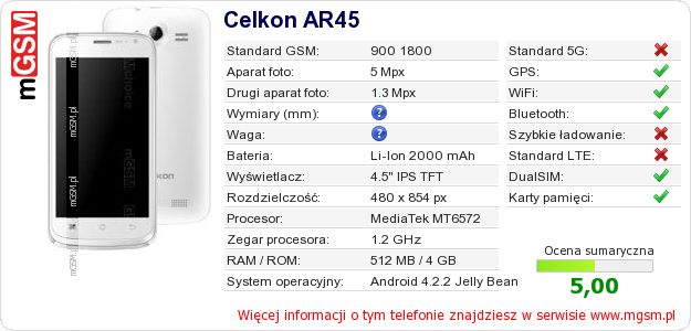 Dane telefonu Celkon AR45