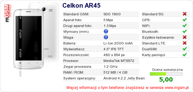 Dane telefonu Celkon AR45