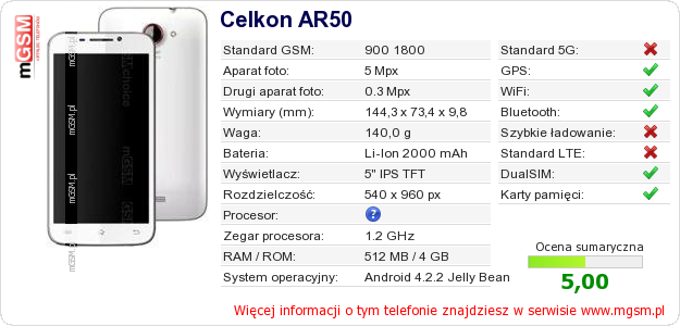 Dane telefonu Celkon AR50 Dane telefonu Celkon AR50