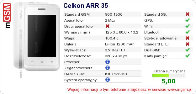 Dane telefonu Celkon ARR 35 Dane telefonu Celkon ARR 35