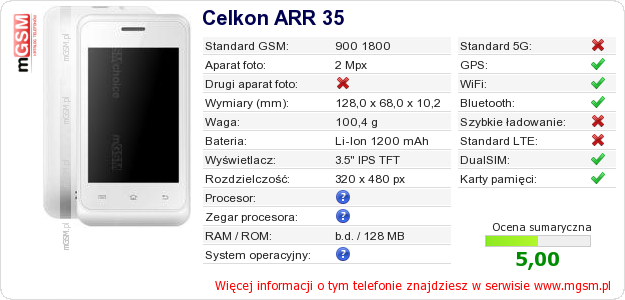 Dane telefonu Celkon ARR 35 Dane telefonu Celkon ARR 35