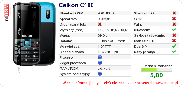 Dane telefonu Celkon C100 Dane telefonu Celkon C100