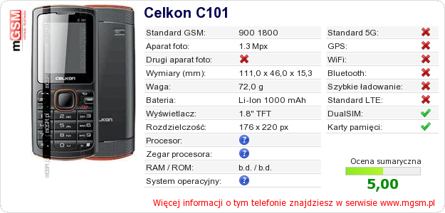 Dane telefonu Celkon C101 Dane telefonu Celkon C101