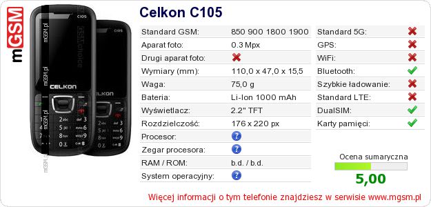 Dane telefonu Celkon C105 Dane telefonu Celkon C105