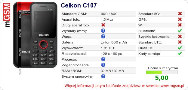 Dane telefonu Celkon C107