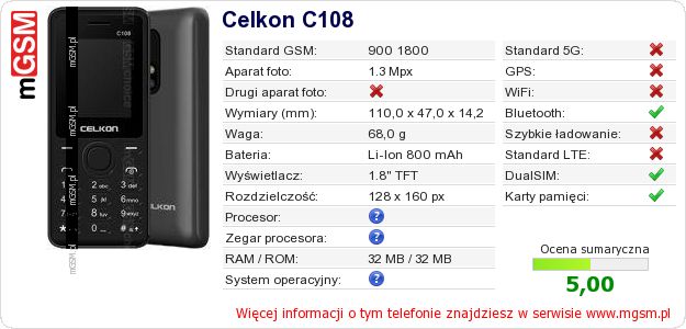 Dane telefonu Celkon C108 Dane telefonu Celkon C108