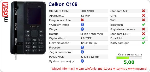 Dane telefonu Celkon C109