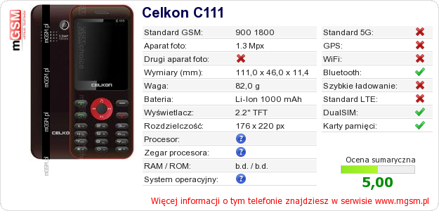 Dane telefonu Celkon C111