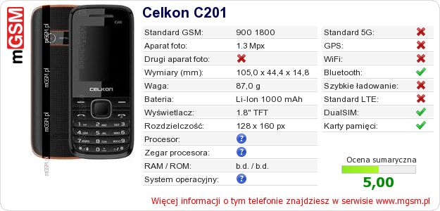 Dane telefonu Celkon C201 Dane telefonu Celkon C201