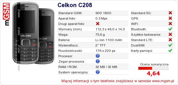 Dane telefonu Celkon C208
