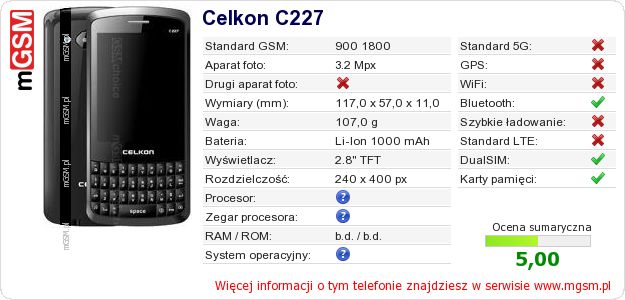 Dane telefonu Celkon C227 Dane telefonu Celkon C227