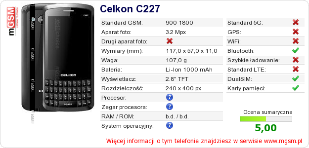 Dane telefonu Celkon C227 Dane telefonu Celkon C227