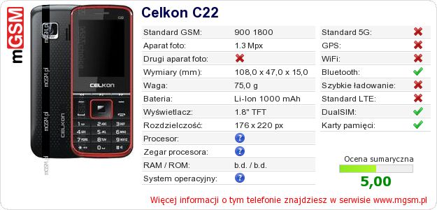 Dane telefonu Celkon C22 Dane telefonu Celkon C22