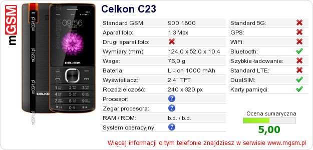 Dane telefonu Celkon C23 Dane telefonu Celkon C23