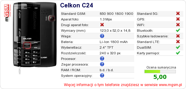 Dane telefonu Celkon C24 Dane telefonu Celkon C24